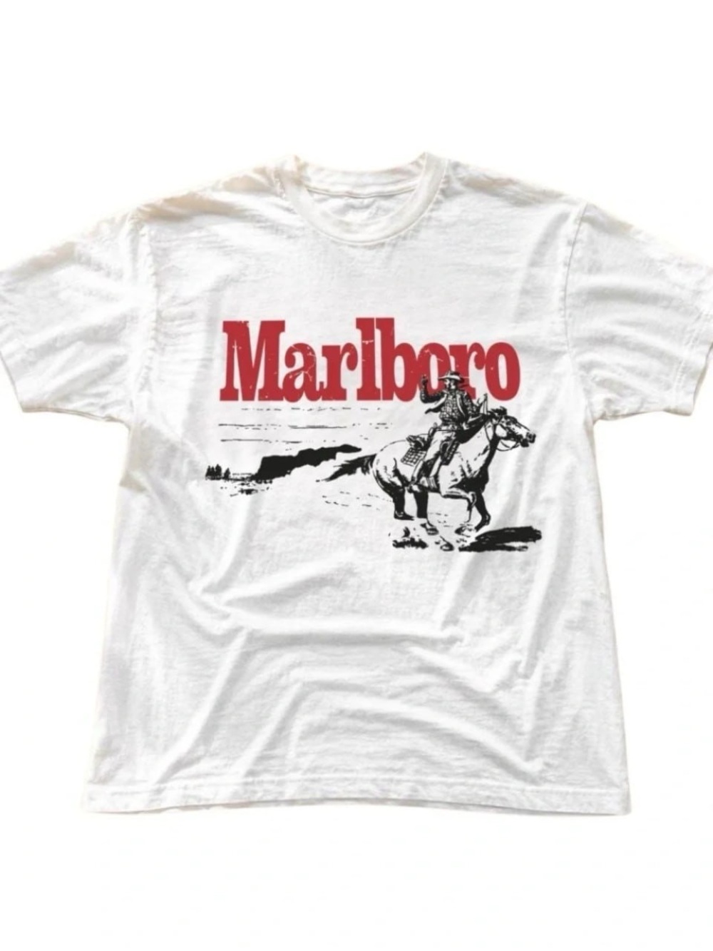 White Tee with Red Marlboro Logo and Black Cowboy Graphic